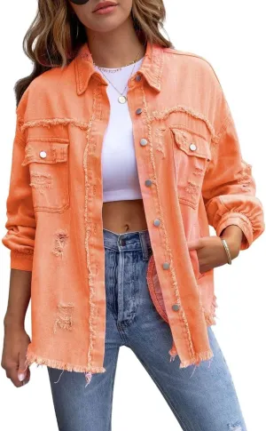 CHARTOU Women's Oversized Distressed Button Down Shacket Fringe Denim Jean Jacket
