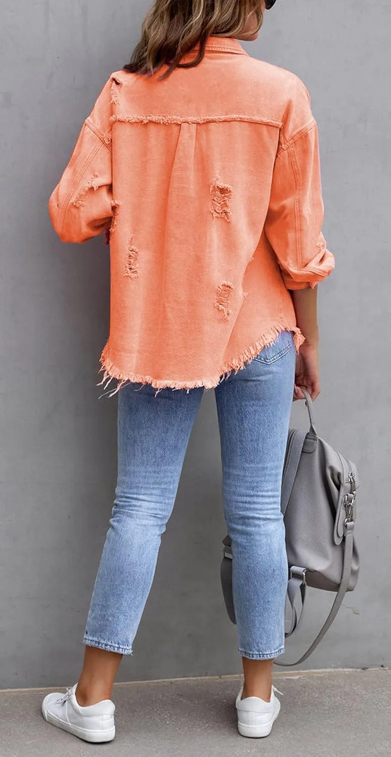 CHARTOU Women's Oversized Distressed Button Down Shacket Fringe Denim Jean Jacket