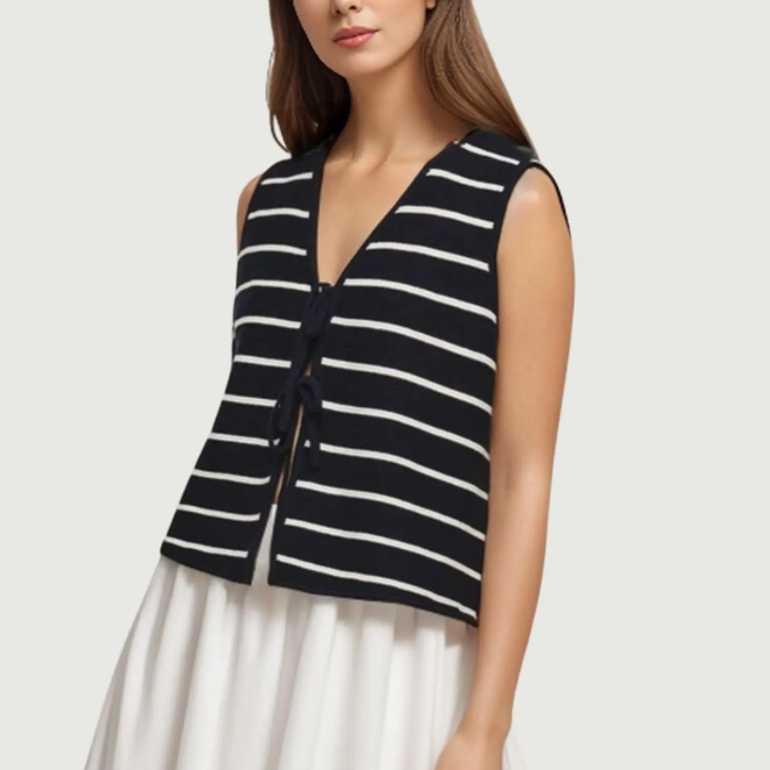 Chevara Womens Tie Front Knit Vest Top Sleeveless V Neck Cardigan Sweater Waistcoat