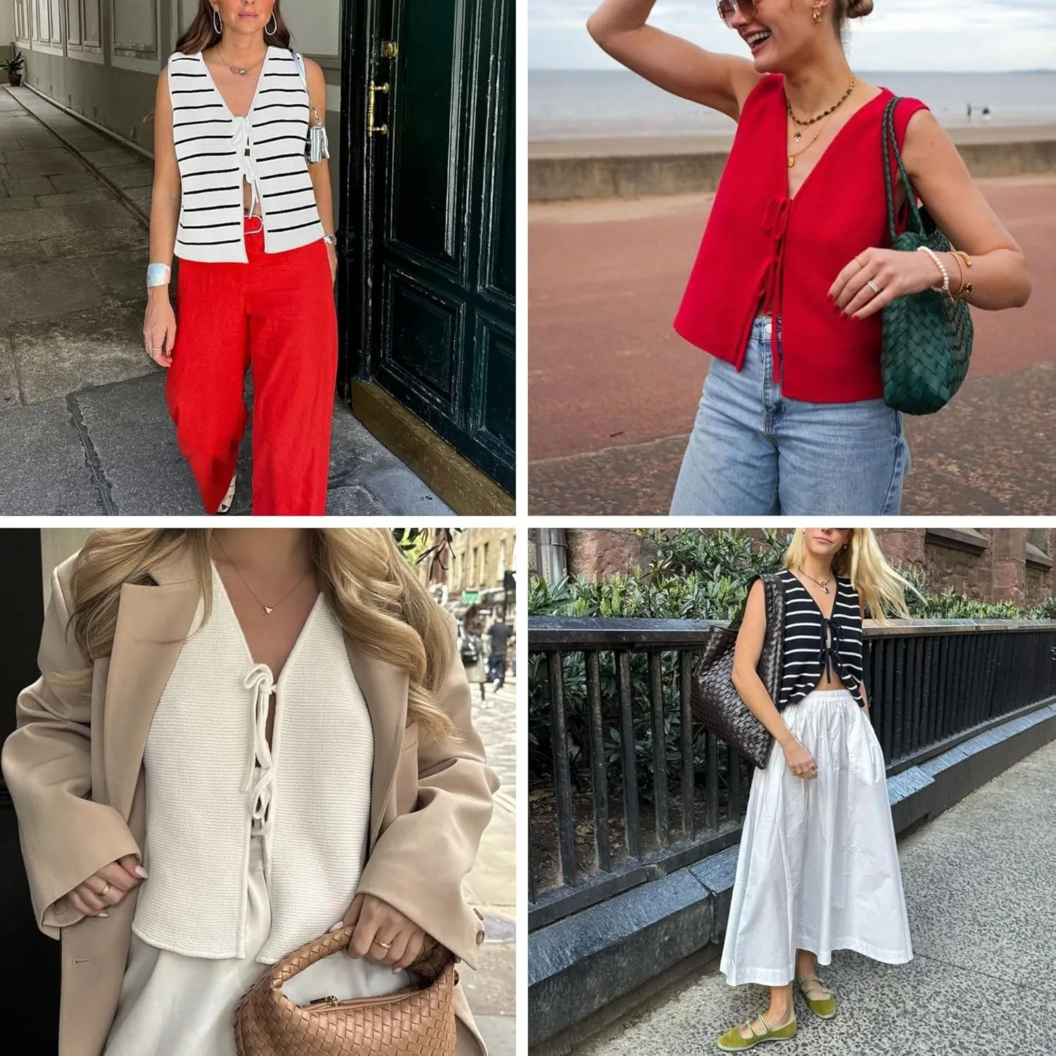 Chevara Womens Tie Front Knit Vest Top Sleeveless V Neck Cardigan Sweater Waistcoat