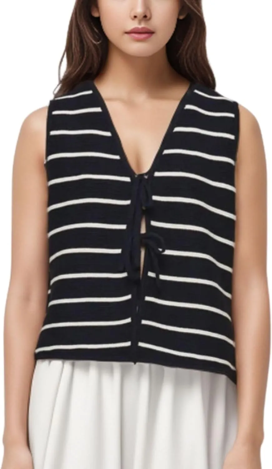 Chevara Womens Tie Front Knit Vest Top Sleeveless V Neck Cardigan Sweater Waistcoat