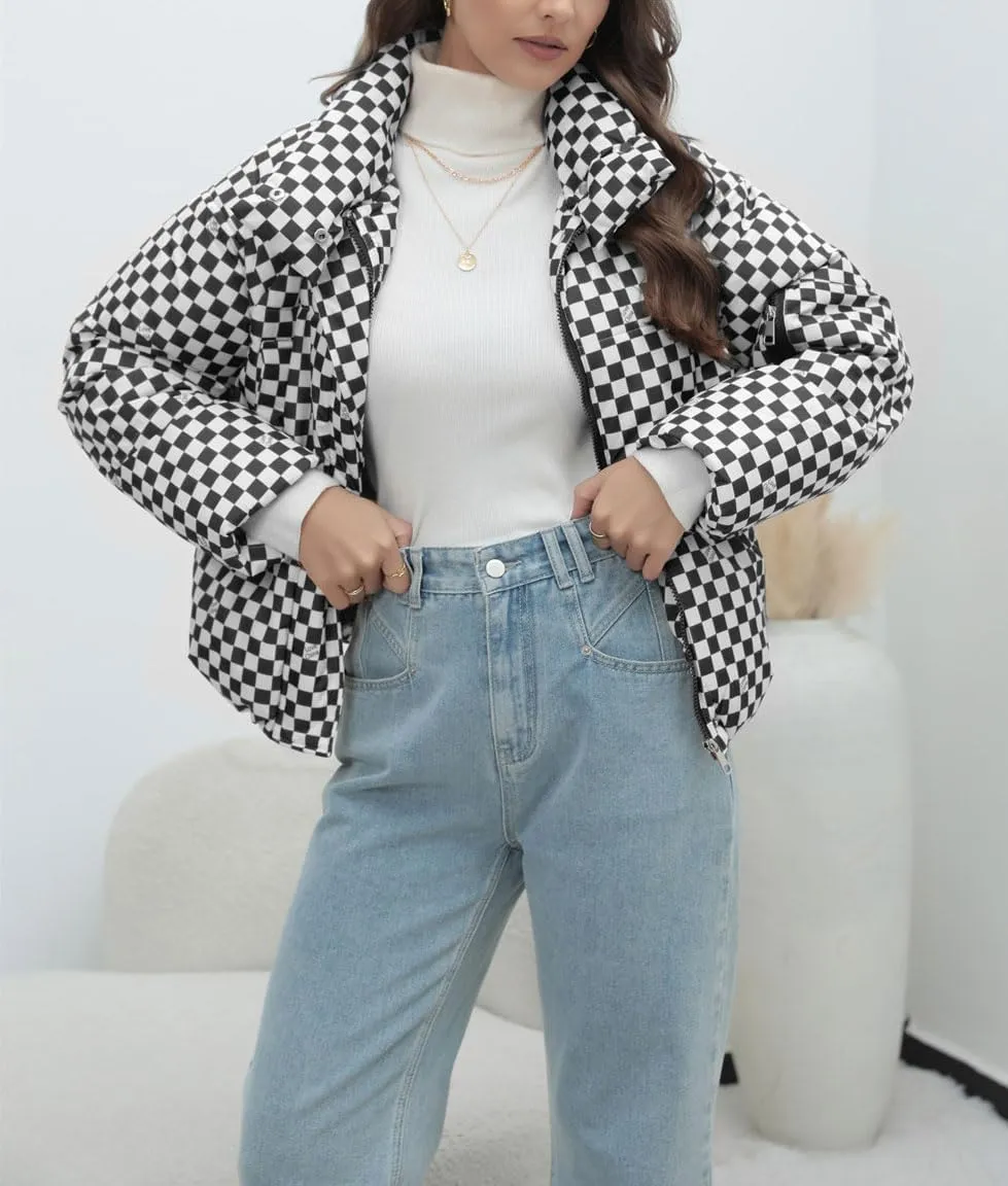 chouyatou Women's Winter Plaid Checkered Quilted Puffer Jacket Stand Collar Zip Up Short Puffy Down Coat