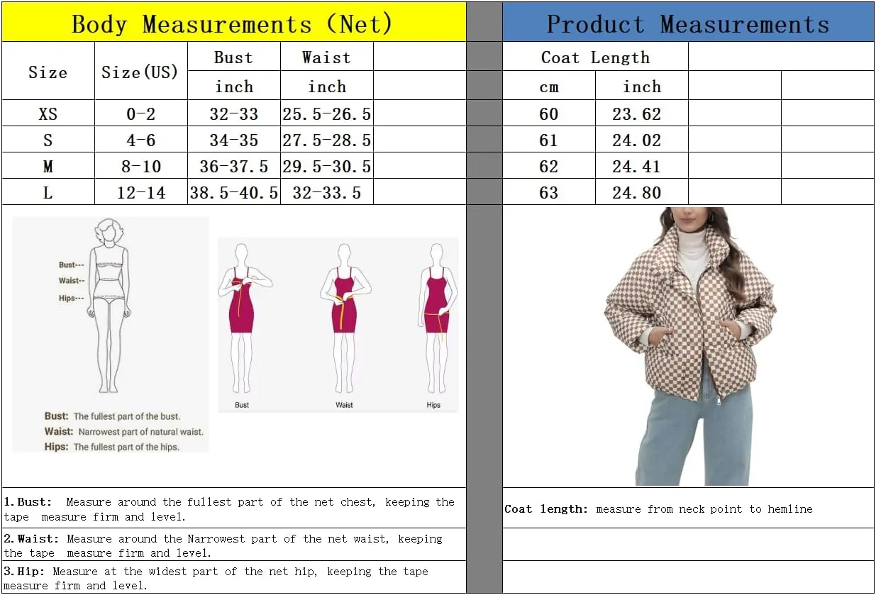 chouyatou Women's Winter Plaid Checkered Quilted Puffer Jacket Stand Collar Zip Up Short Puffy Down Coat