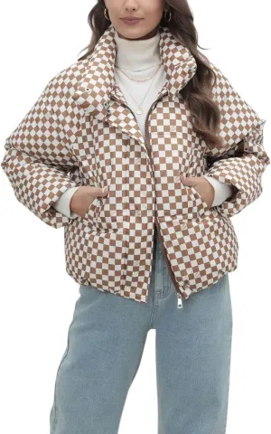 chouyatou Women's Winter Plaid Checkered Quilted Puffer Jacket Stand Collar Zip Up Short Puffy Down Coat