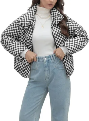 chouyatou Women's Winter Plaid Checkered Quilted Puffer Jacket Stand Collar Zip Up Short Puffy Down Coat
