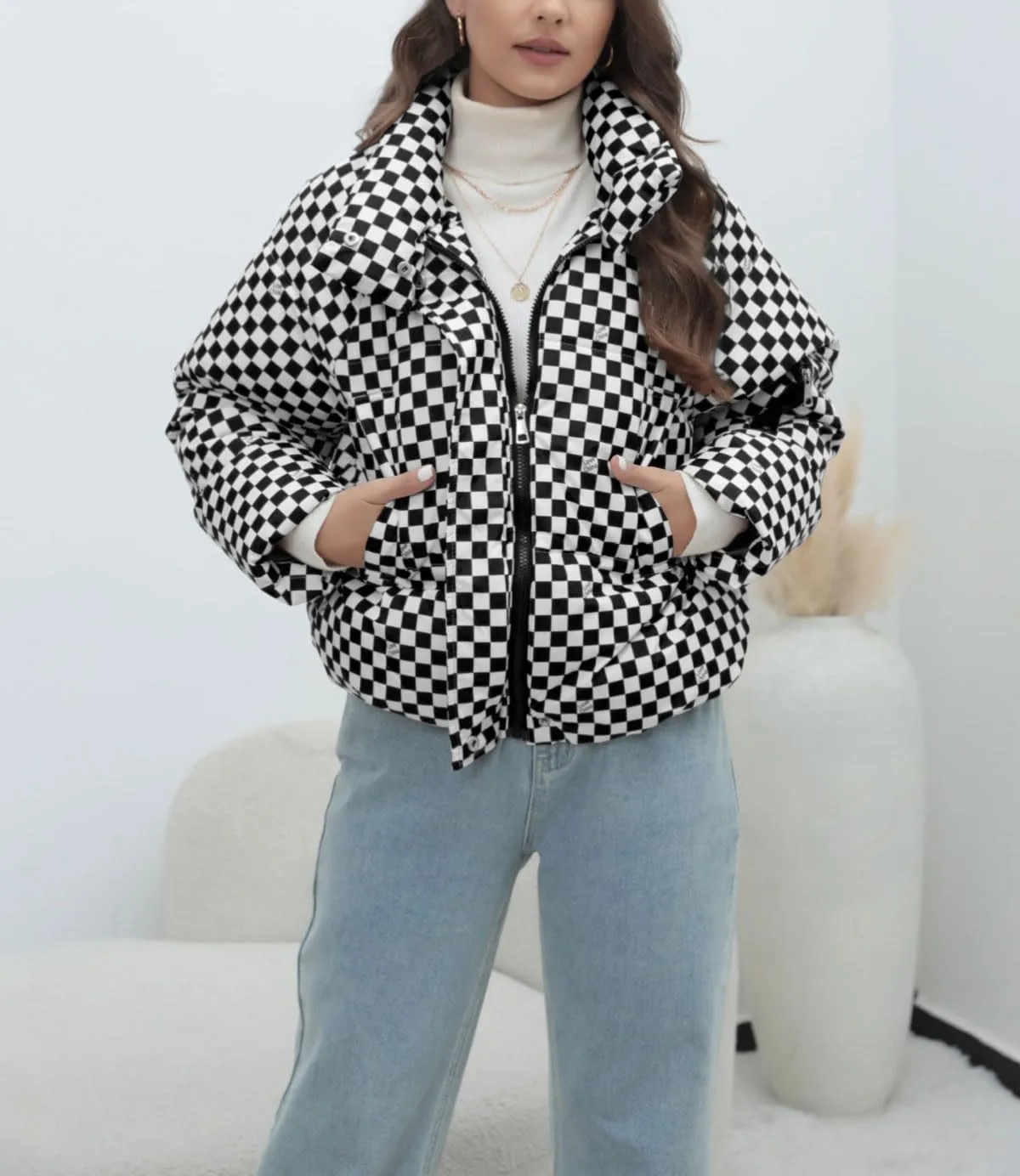 chouyatou Women's Winter Plaid Checkered Quilted Puffer Jacket Stand Collar Zip Up Short Puffy Down Coat