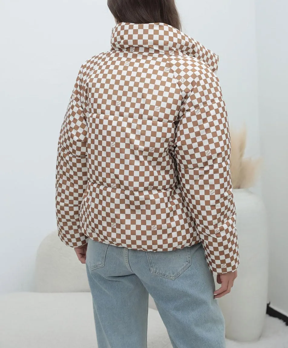 chouyatou Women's Winter Plaid Checkered Quilted Puffer Jacket Stand Collar Zip Up Short Puffy Down Coat