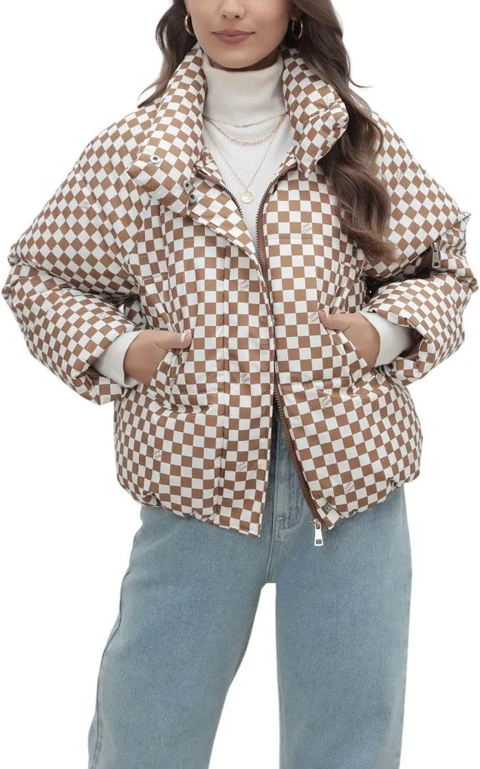 chouyatou Women's Winter Plaid Checkered Quilted Puffer Jacket Stand Collar Zip Up Short Puffy Down Coat