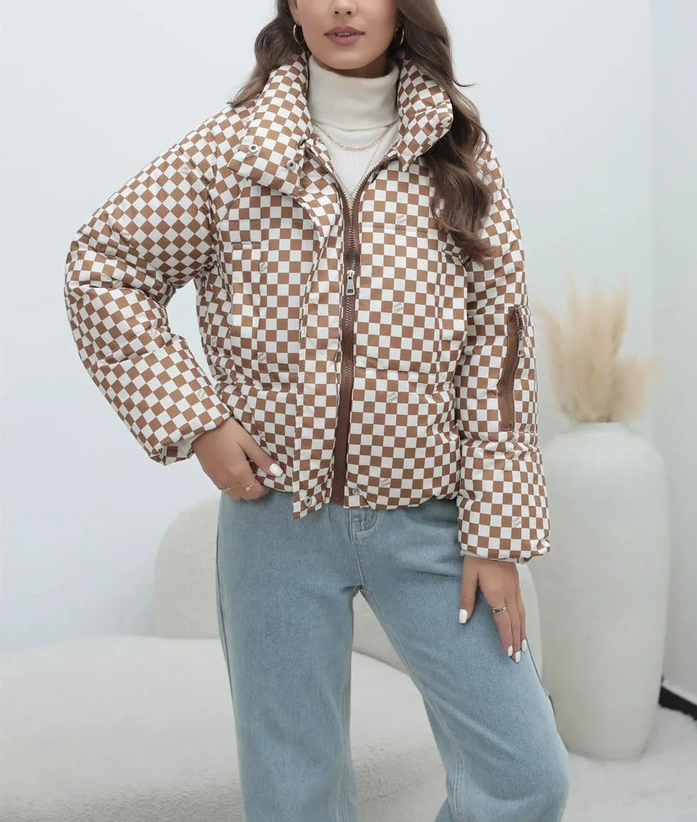 chouyatou Women's Winter Plaid Checkered Quilted Puffer Jacket Stand Collar Zip Up Short Puffy Down Coat