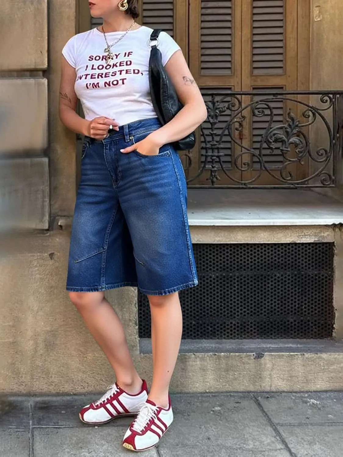 Cicy Bell Womens Summer Wide Leg Denim Shorts Casual Loose Mid Rise Jorts Bermuda Knee Length Jeans Shorts