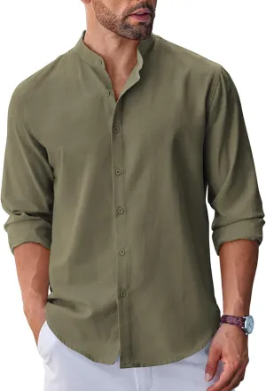 COOFANDY Men's Long Sleeve Oxford Dress Shirts Chambray Button Down Shirt Casual Band Collar Shirts