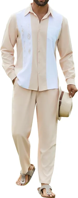 Daupanzees Men's Vintage 2 Piece Set 1950s Retro Bowling Button Down Shirt Outfit Casual Embroidered Shirt and Pant Sets