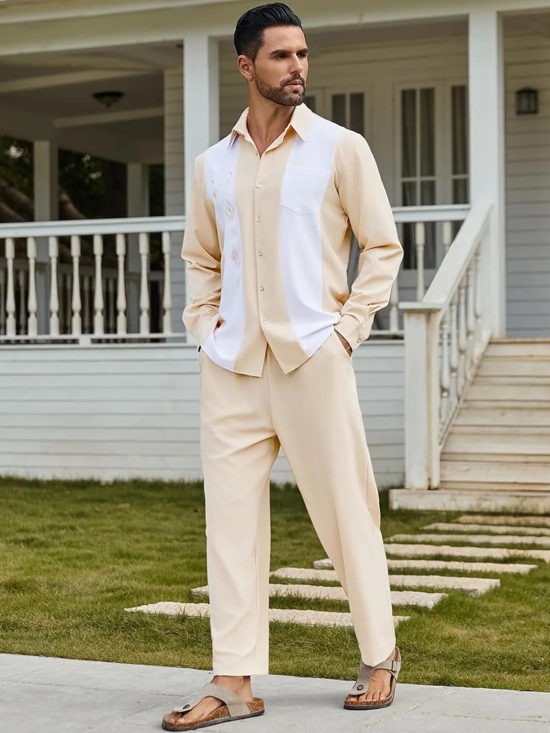 Daupanzees Men's Vintage 2 Piece Set 1950s Retro Bowling Button Down Shirt Outfit Casual Embroidered Shirt and Pant Sets