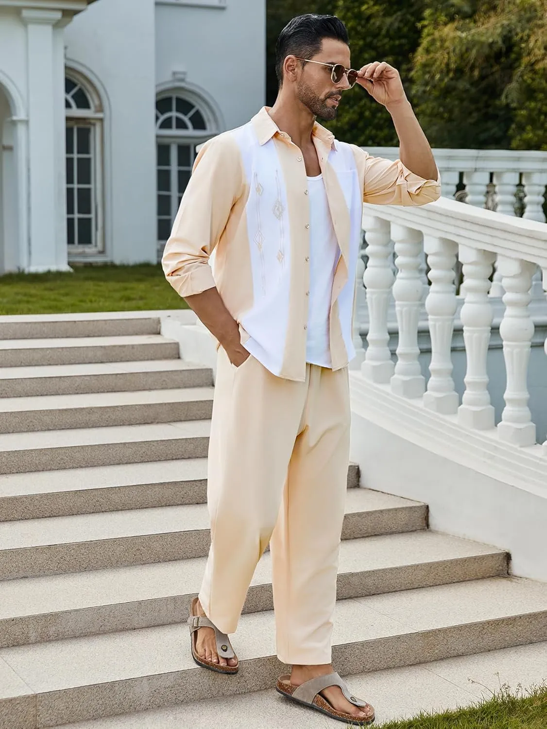 Daupanzees Men's Vintage 2 Piece Set 1950s Retro Bowling Button Down Shirt Outfit Casual Embroidered Shirt and Pant Sets