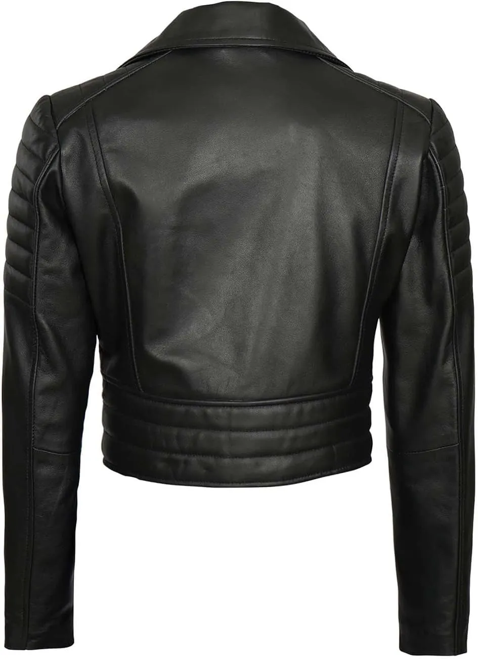 Decrum Cropped Leather Jacket Women  Trendy Black Short Real Lambskin Womens Leather Jacket