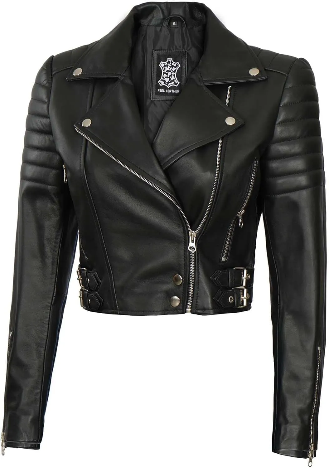 Decrum Cropped Leather Jacket Women  Trendy Black Short Real Lambskin Womens Leather Jacket