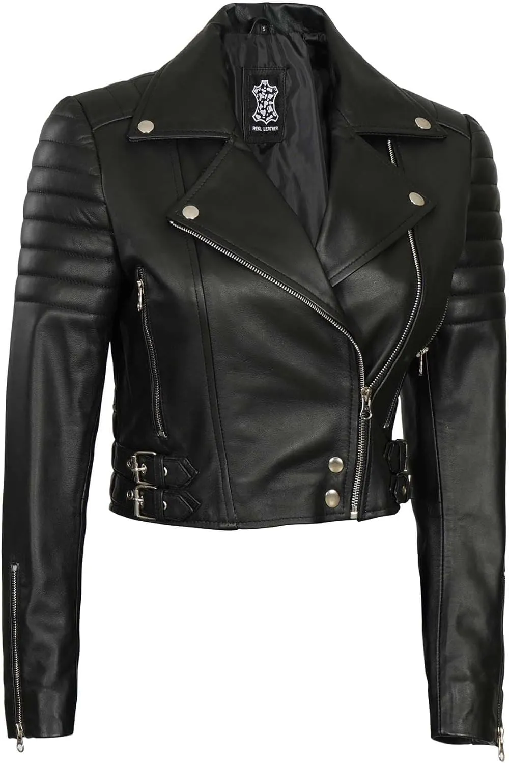 Decrum Cropped Leather Jacket Women  Trendy Black Short Real Lambskin Womens Leather Jacket