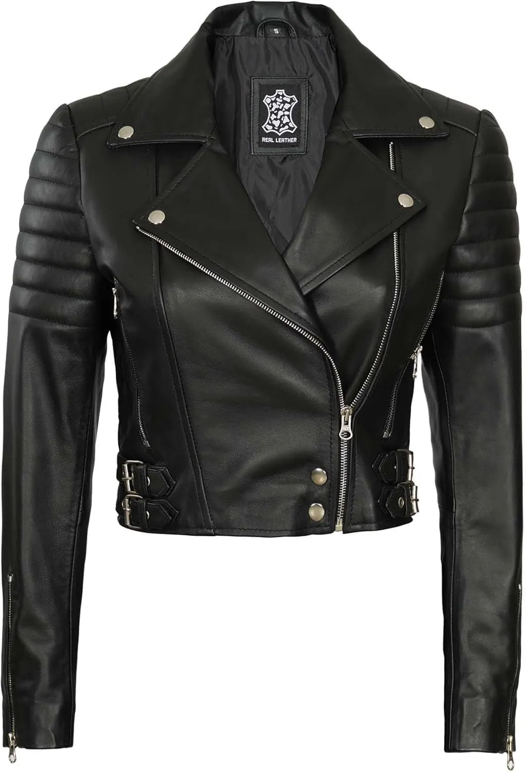Decrum Cropped Leather Jacket Women  Trendy Black Short Real Lambskin Womens Leather Jacket