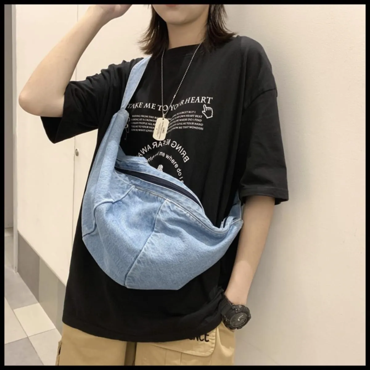 Denim Saddle Bag Crossbody : Fashionable Chest and Shoulder Bag for Women & Men 2024 Trendy (Light blue)