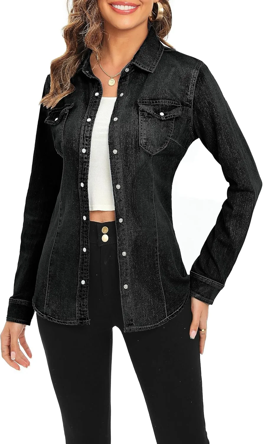 Denim Shirt for Women Long Sleeve Cotton Lightweight Fashion Denim Jacket for Women-2 Pockets