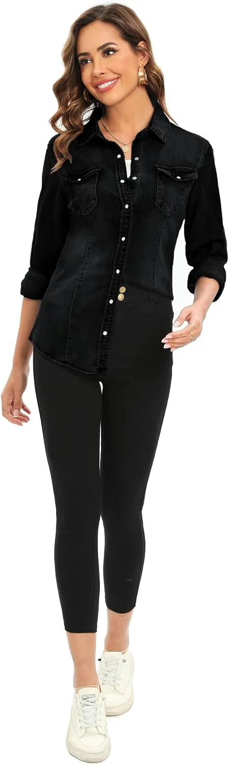 Denim Shirt for Women Long Sleeve Cotton Lightweight Fashion Denim Jacket for Women-2 Pockets