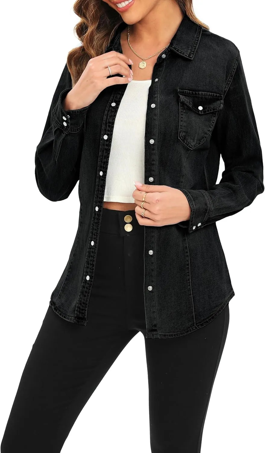 Denim Shirt for Women Long Sleeve Cotton Lightweight Fashion Denim Jacket for Women-2 Pockets
