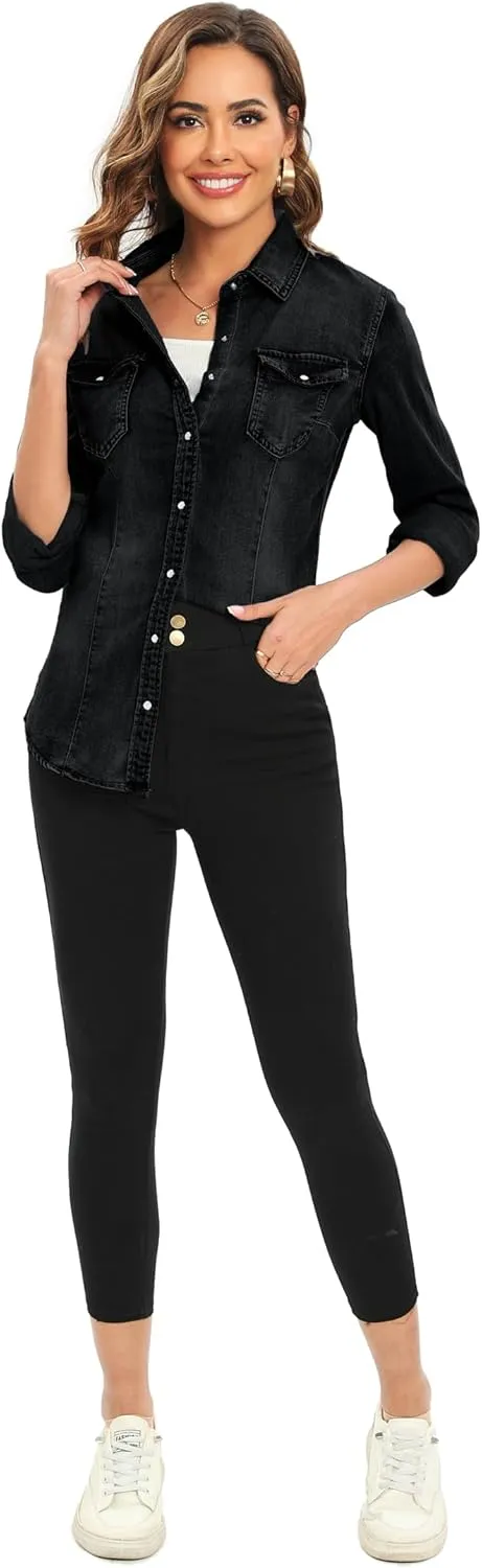 Denim Shirt for Women Long Sleeve Cotton Lightweight Fashion Denim Jacket for Women-2 Pockets