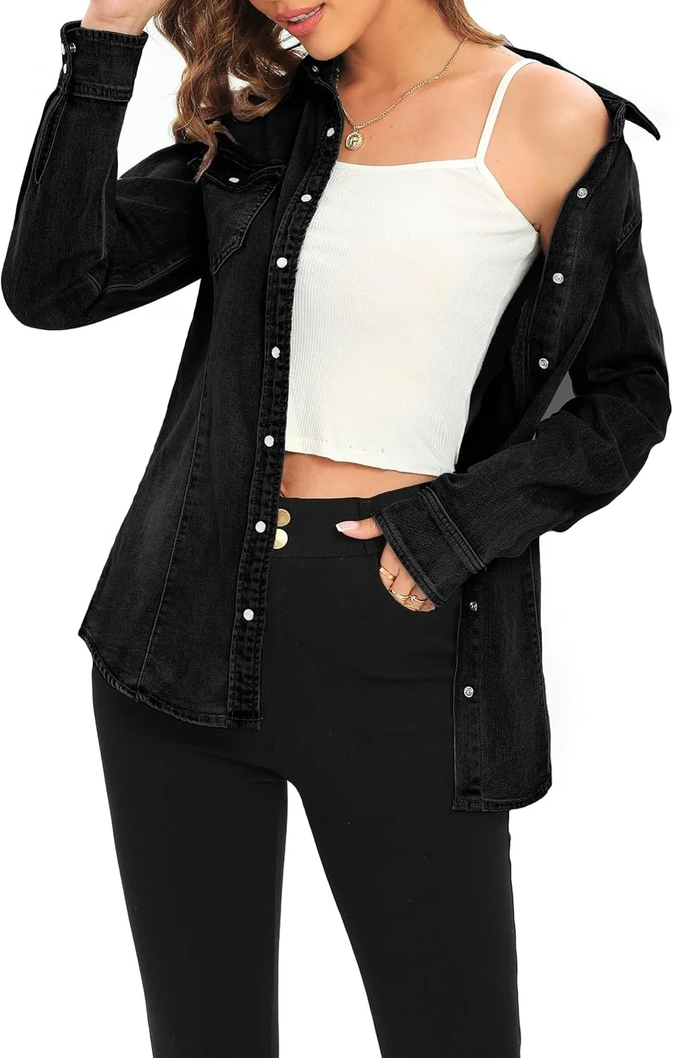 Denim Shirt for Women Long Sleeve Cotton Lightweight Fashion Denim Jacket for Women-2 Pockets