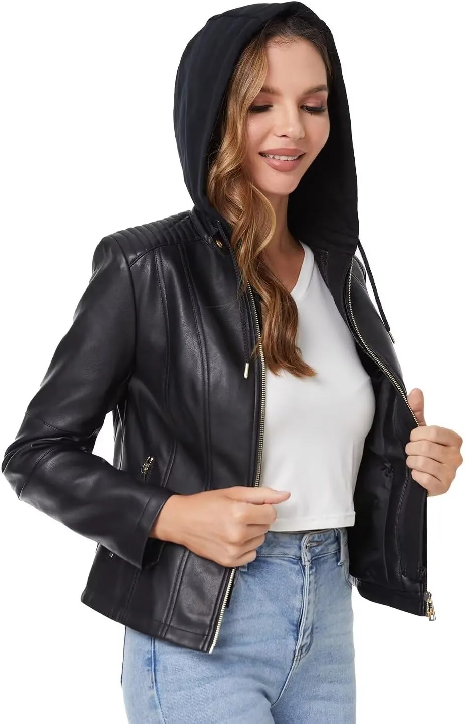 DIASHINY Faux Leather Jacket For Women Removable Hooded Moto Biker Outwear Coat