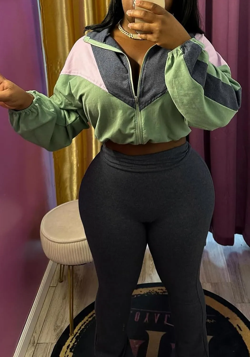 DINGANG Women's 2 Piece Sweatsuit Outfits Color Block Zip Up Cropped Jackets Flare Legging Pant Tracksuit Set