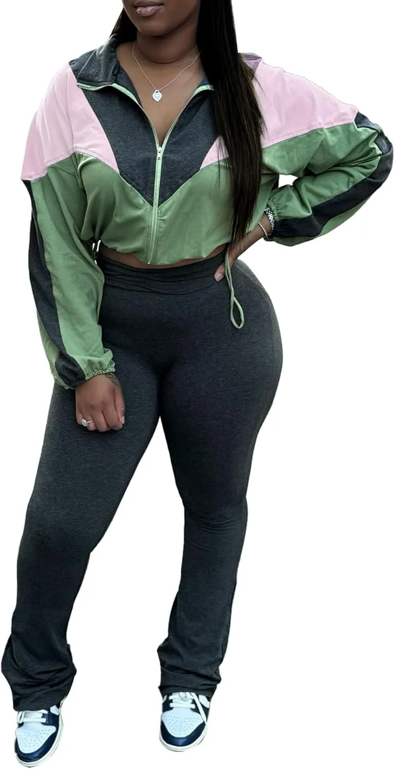 DINGANG Women's 2 Piece Sweatsuit Outfits Color Block Zip Up Cropped Jackets Flare Legging Pant Tracksuit Set