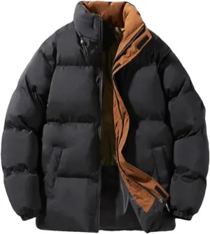 Disimlarl Men Patchwork Thicken Coat Stand Collar Parka Down Coat Street Zip Up Cotton-Padded Jacket