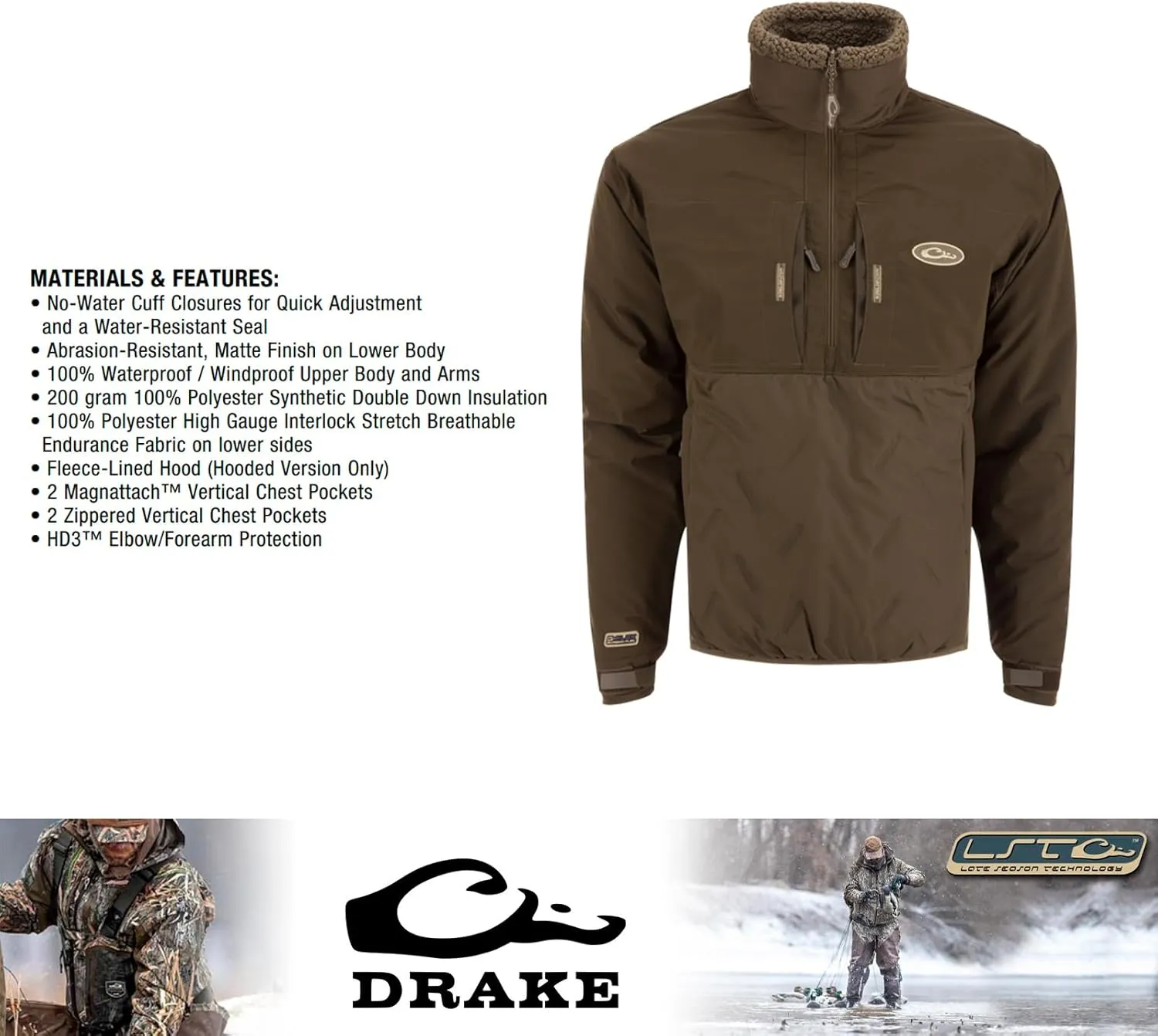 Drake Waterfowl Men's LST Guardian Flex Double Down 1/4 Zip Eqwader Insulated Waterproof Breathable Hunting Jacket