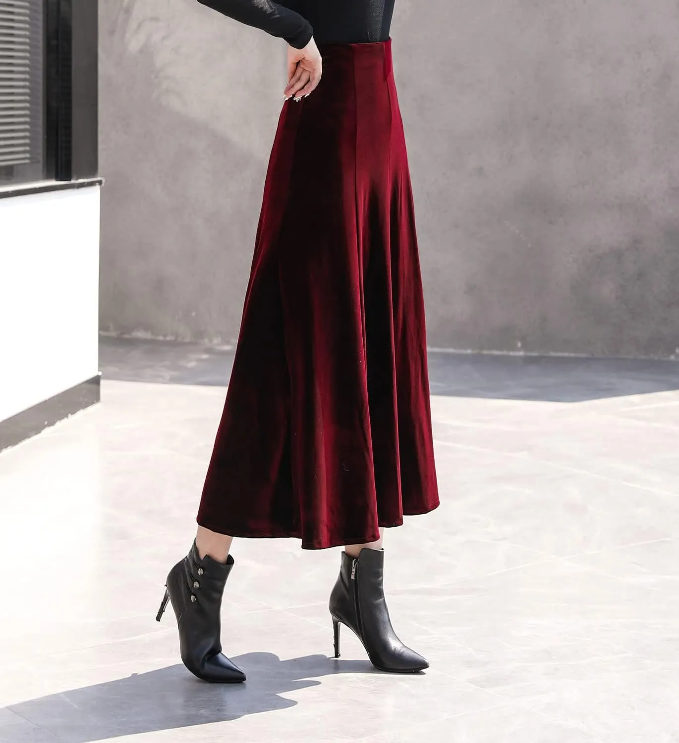 ebossy Womens Vintage Elastic High Waist Pleated Velvet Skirt Winter Warm Thicken Flowy Swing A-line Mid Skirt