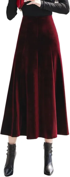 ebossy Womens Vintage Elastic High Waist Pleated Velvet Skirt Winter Warm Thicken Flowy Swing A-line Mid Skirt