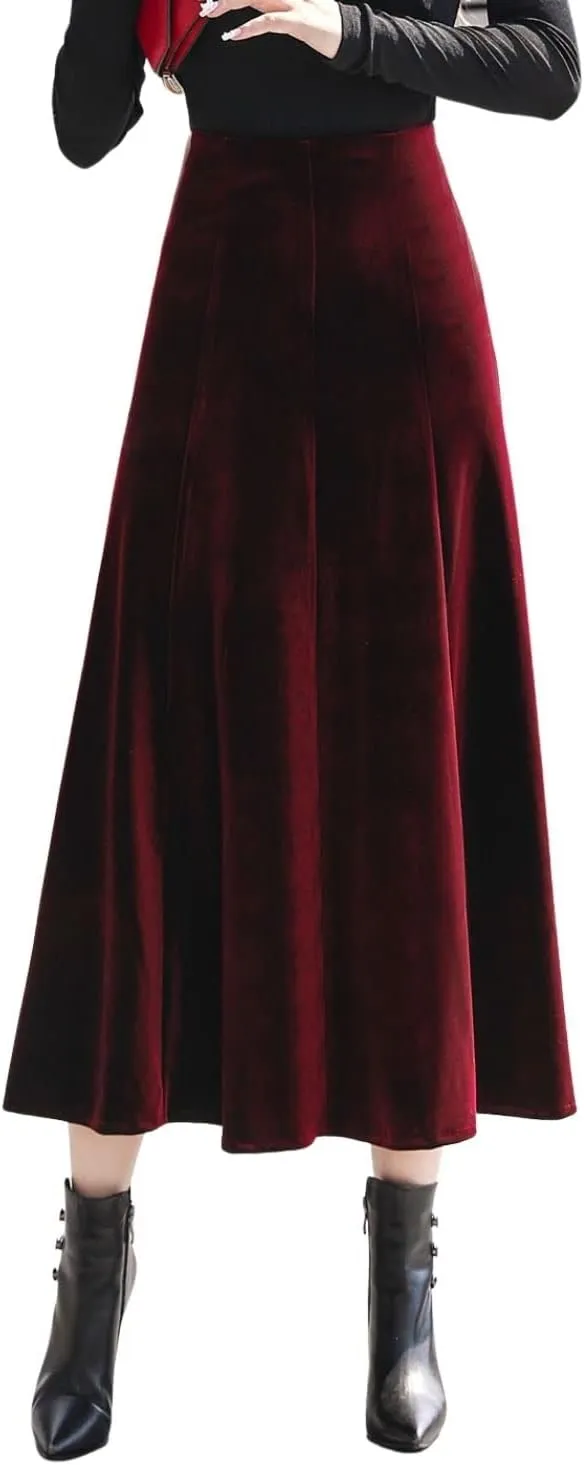 ebossy Womens Vintage Elastic High Waist Pleated Velvet Skirt Winter Warm Thicken Flowy Swing A-line Mid Skirt