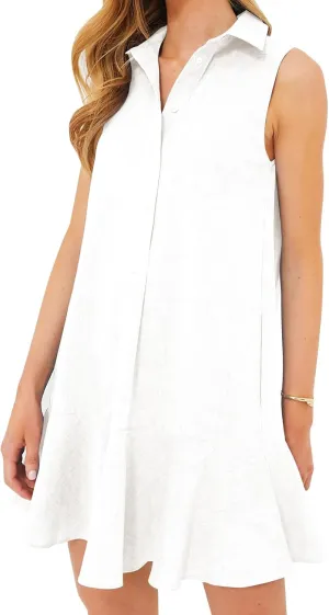 Eisctnd Womens Sleeveless Shirt Dress 2025 Ruffle Hem Cotton Tunic Tank Dress with Pocket Button Up Swing Shift Mini Dresses