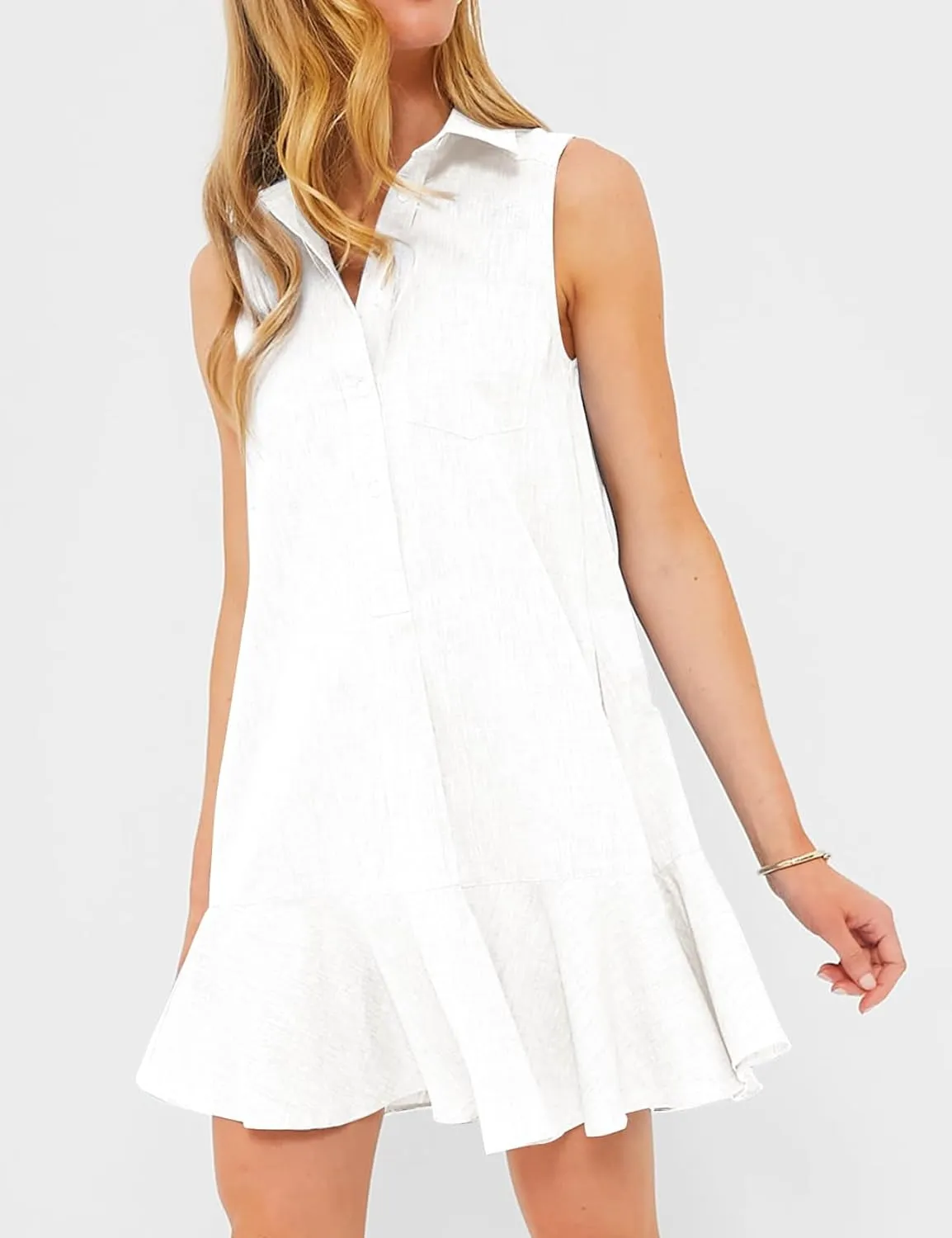 Eisctnd Womens Sleeveless Shirt Dress 2025 Ruffle Hem Cotton Tunic Tank Dress with Pocket Button Up Swing Shift Mini Dresses