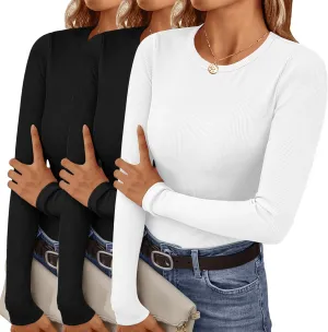 Ekouaer Women's Long Sleeve Shirts 3 Packs Crew Neck Stretchy Fitted Tops Ribbed Base Layer Soft Thermal Undershirts Tee