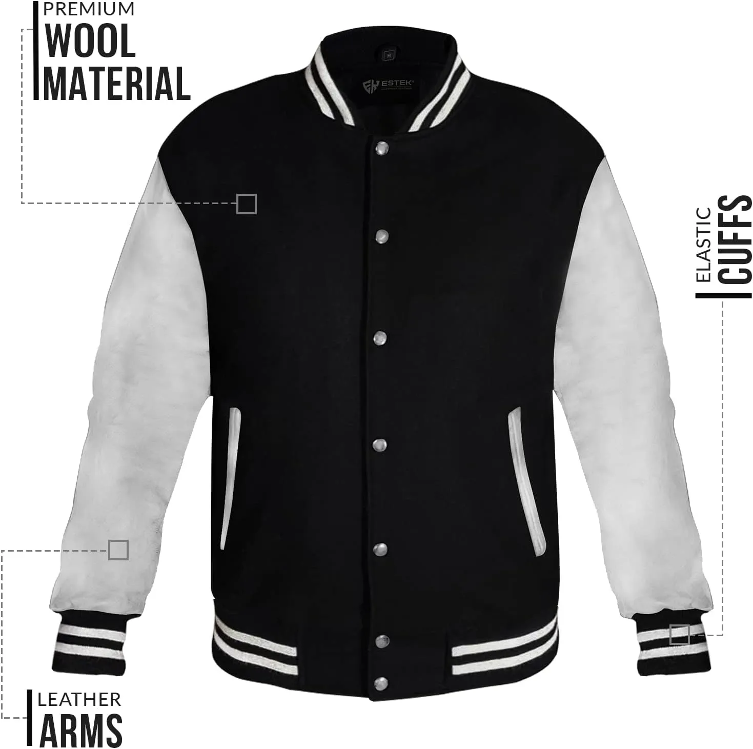 ESTEK Letterman Jackets Premium men's Varsity Jacket for School College Baseball Bomber Jacket with Genuine Leather Sleeves