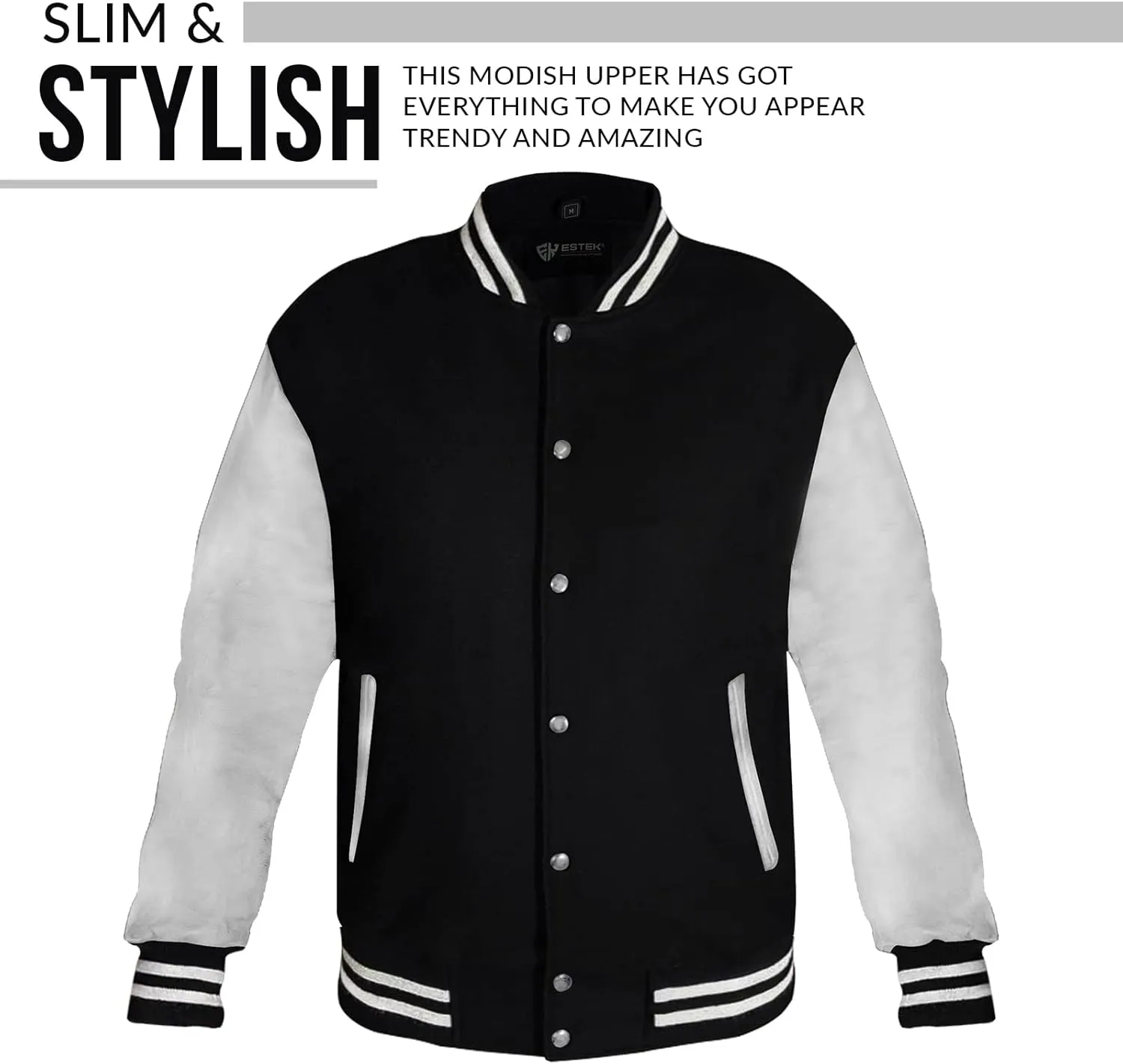 ESTEK Letterman Jackets Premium men's Varsity Jacket for School College Baseball Bomber Jacket with Genuine Leather Sleeves