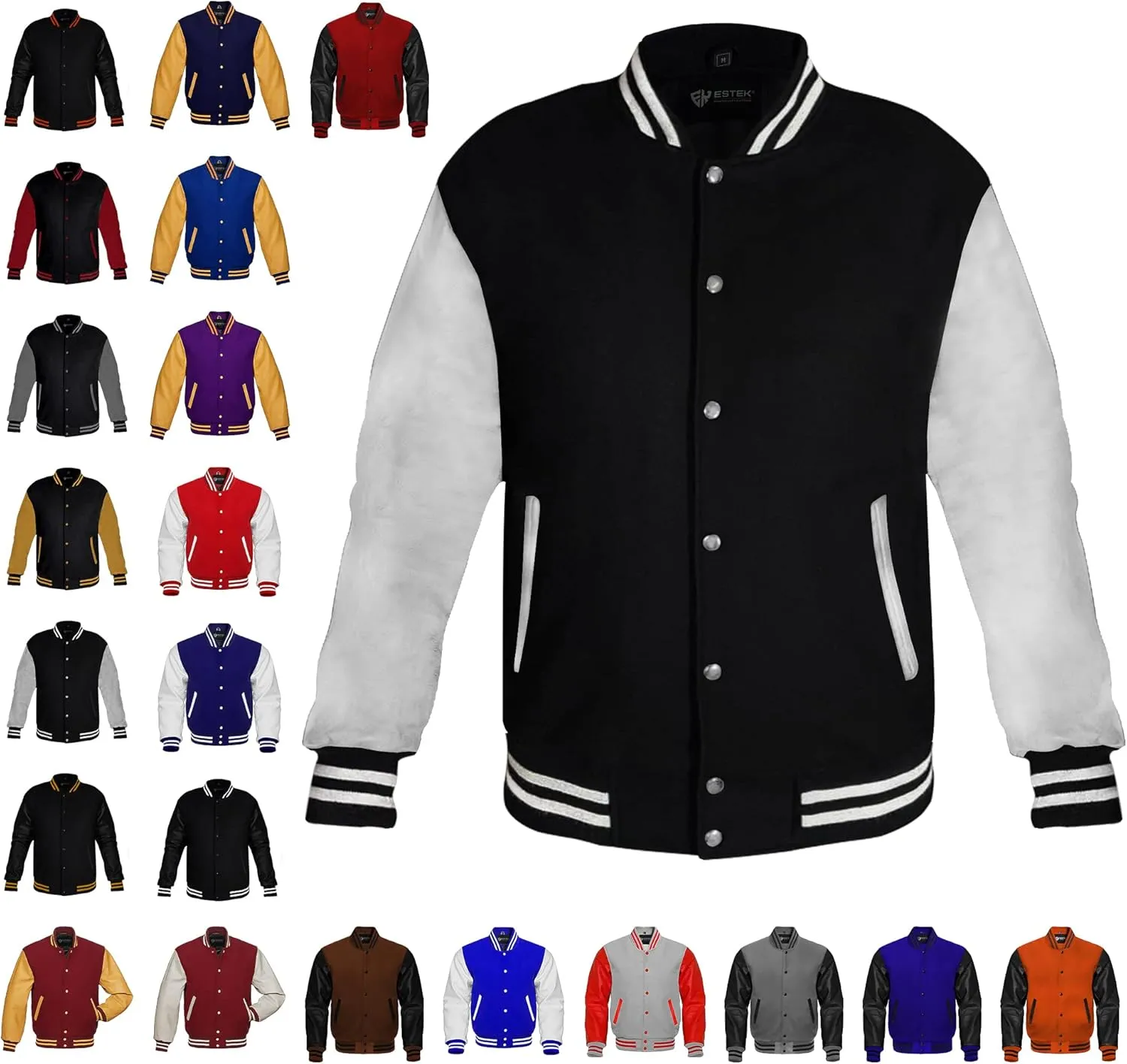 ESTEK Letterman Jackets Premium men's Varsity Jacket for School College Baseball Bomber Jacket with Genuine Leather Sleeves