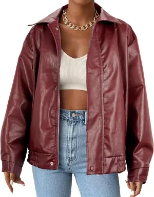 Faux Leather Jacket Women Brown Pleather Bomber Jacket Oversized Leather Blazer Motorcycle Jacket Biker Jacket Winter Coat Wine Red S