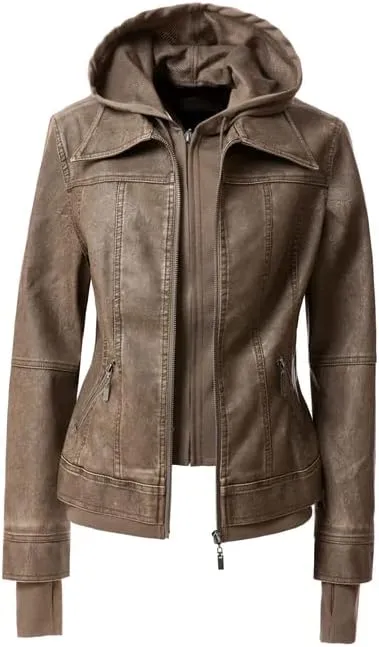 Faux Leather Jacket Women Casual Stand Collar Detachable Hood PU Leather Jacket