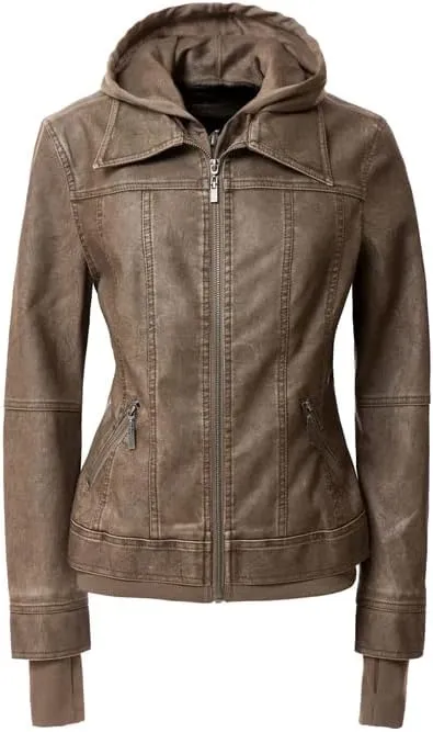 Faux Leather Jacket Women Casual Stand Collar Detachable Hood PU Leather Jacket