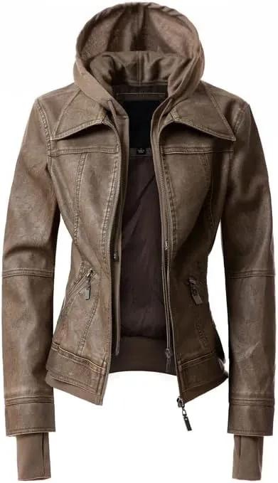 Faux Leather Jacket Women Casual Stand Collar Detachable Hood PU Leather Jacket