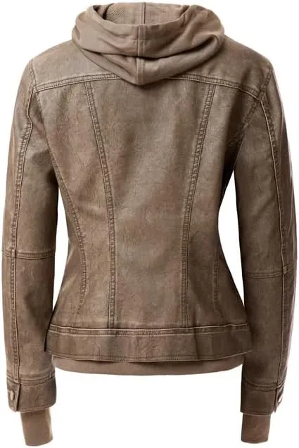 Faux Leather Jacket Women Casual Stand Collar Detachable Hood PU Leather Jacket