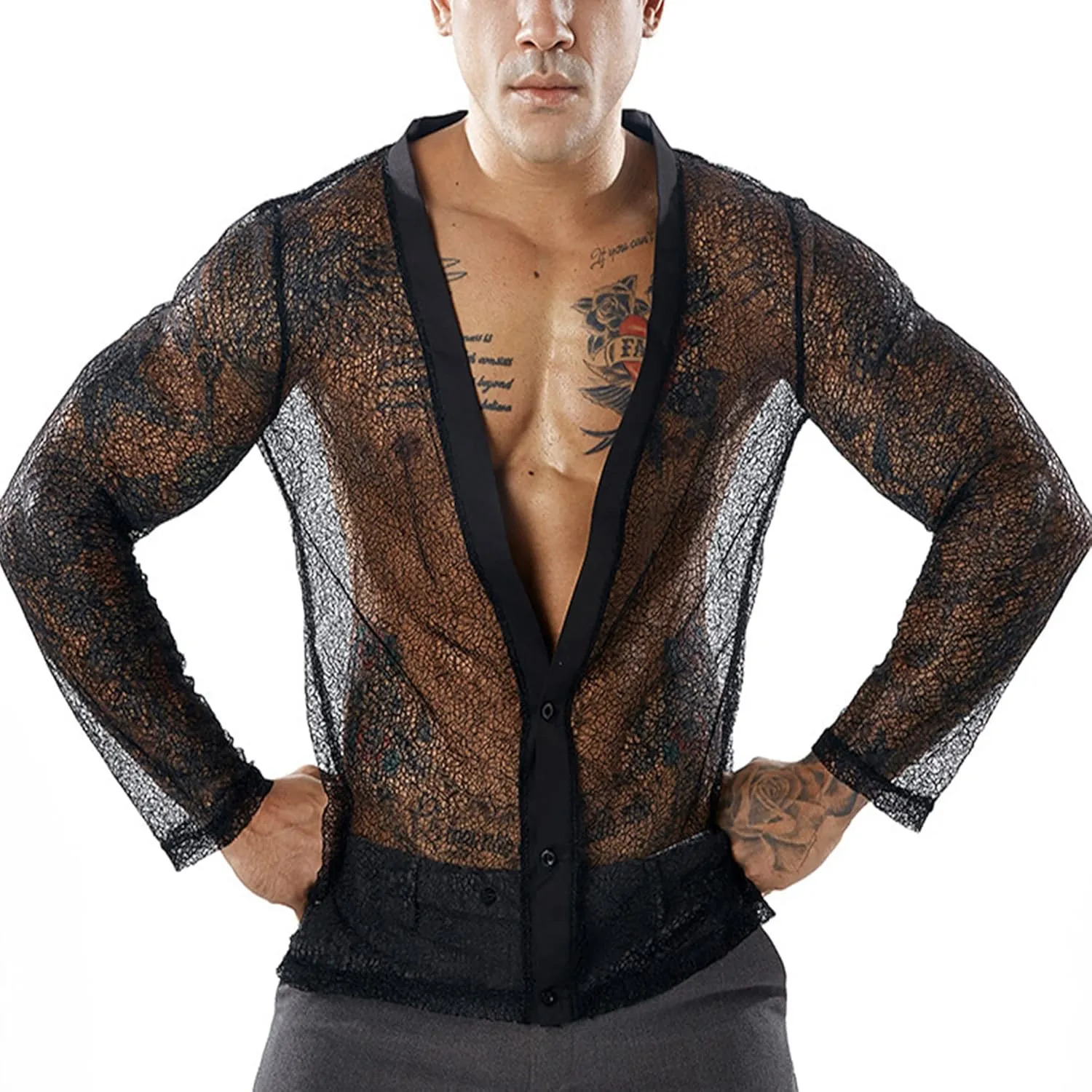 FEOYA Mens Mesh See Through Shirts Sheer Transparent Club Party Casual Top Undershirts