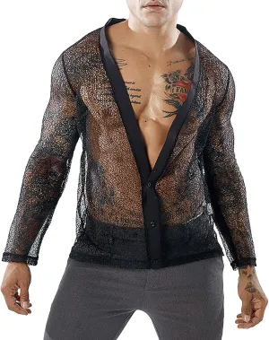 FEOYA Mens Mesh See Through Shirts Sheer Transparent Club Party Casual Top Undershirts