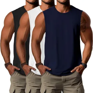 Ficerd 3 Pack Men's Big Tall Tank Tops, Cotton Moisture Wicking Muscle Shirts Sleeveless Solid Color Basic Tee Shirts
